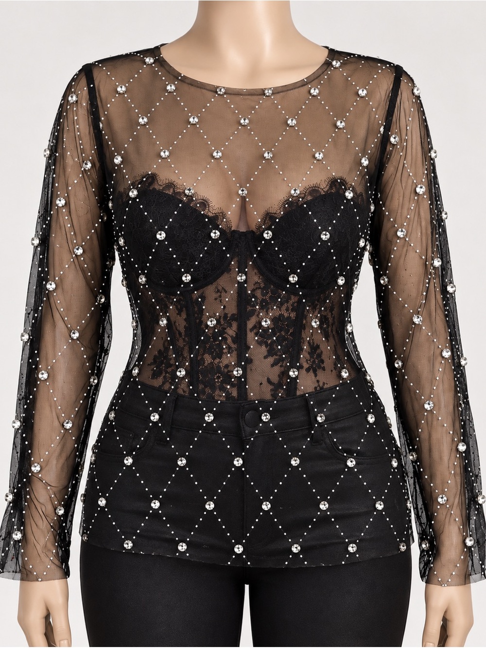 GEMSTONE 1X Black Sheer Rhinestone Mesh Top NWT – Embellished Long Sleeve.